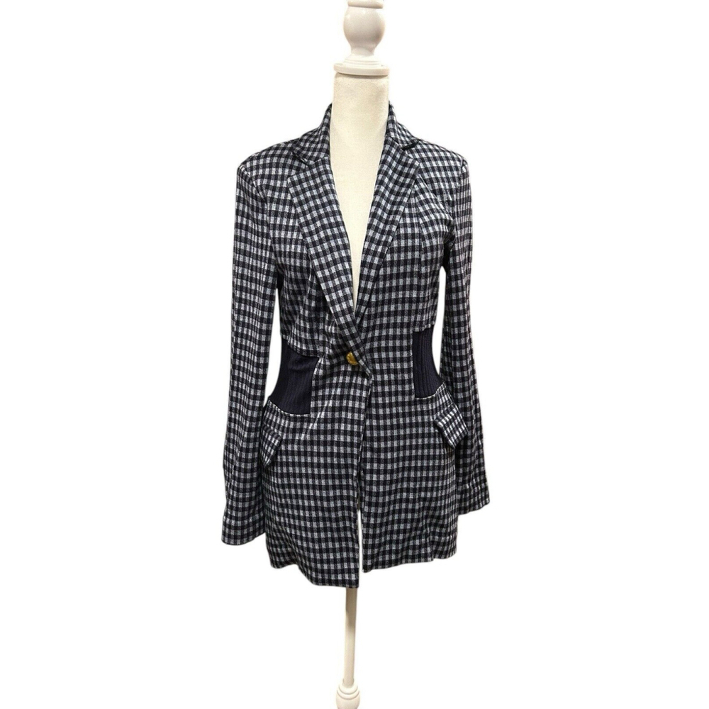 Cabi Navy Blue Checkup Long Line Plaid Blazer Size XS